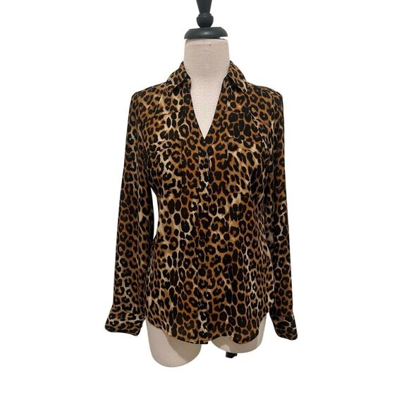 Express Womens Leopard Print Button Front Long Sleeve Blouse Tan Brown XS - Picture 1 of 7